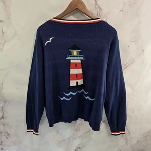 ModCloth Navy Lighthouse Knit Sweater with Red & White Accents